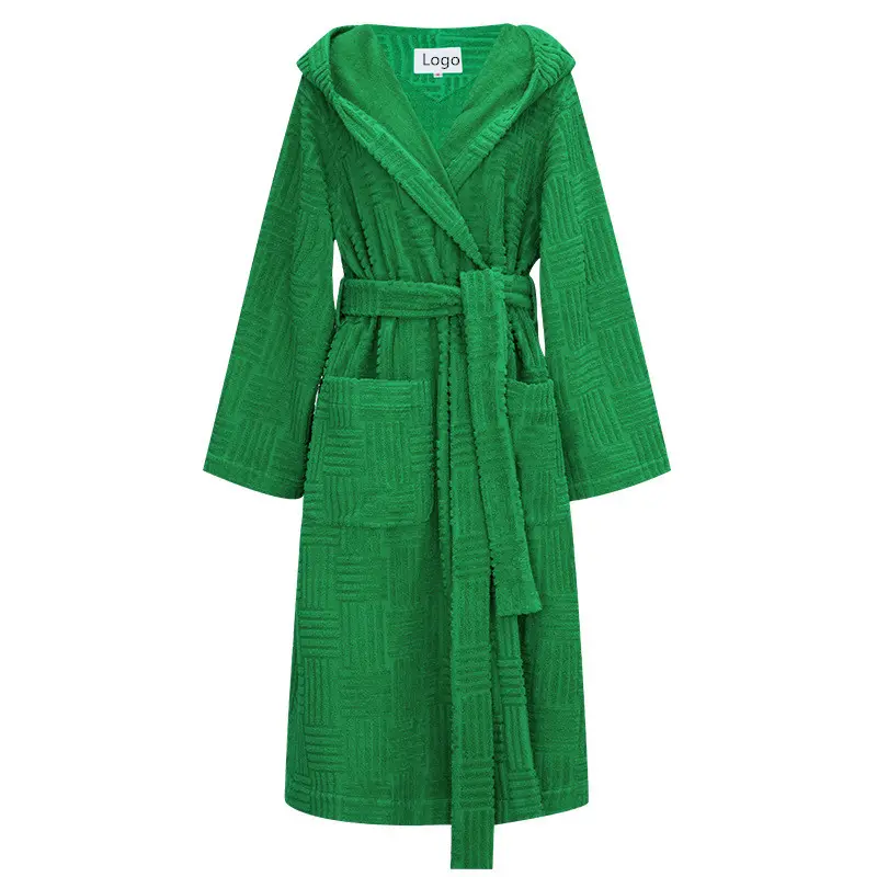 Robe de algodão premium para mulheres, roupão de banho de manga comprida, roupão de praia texturizado verde, roupão de banho para mulheres