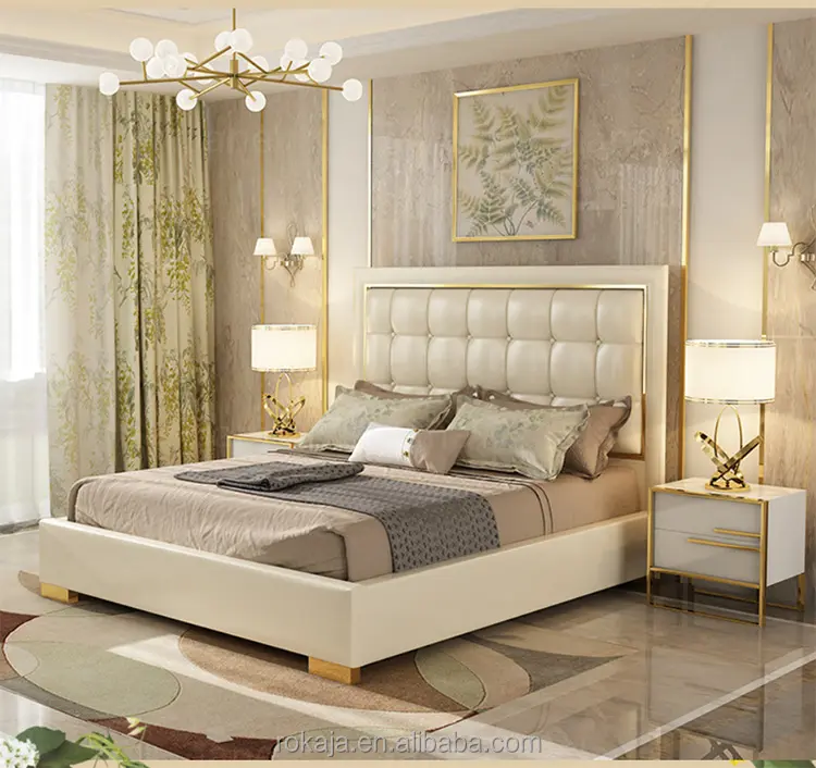 Lüks Modern ucuz beyaz deri yataklar lüks çift kişilik yatak çerçeve kral boyutu ev yatak odası mobilyası