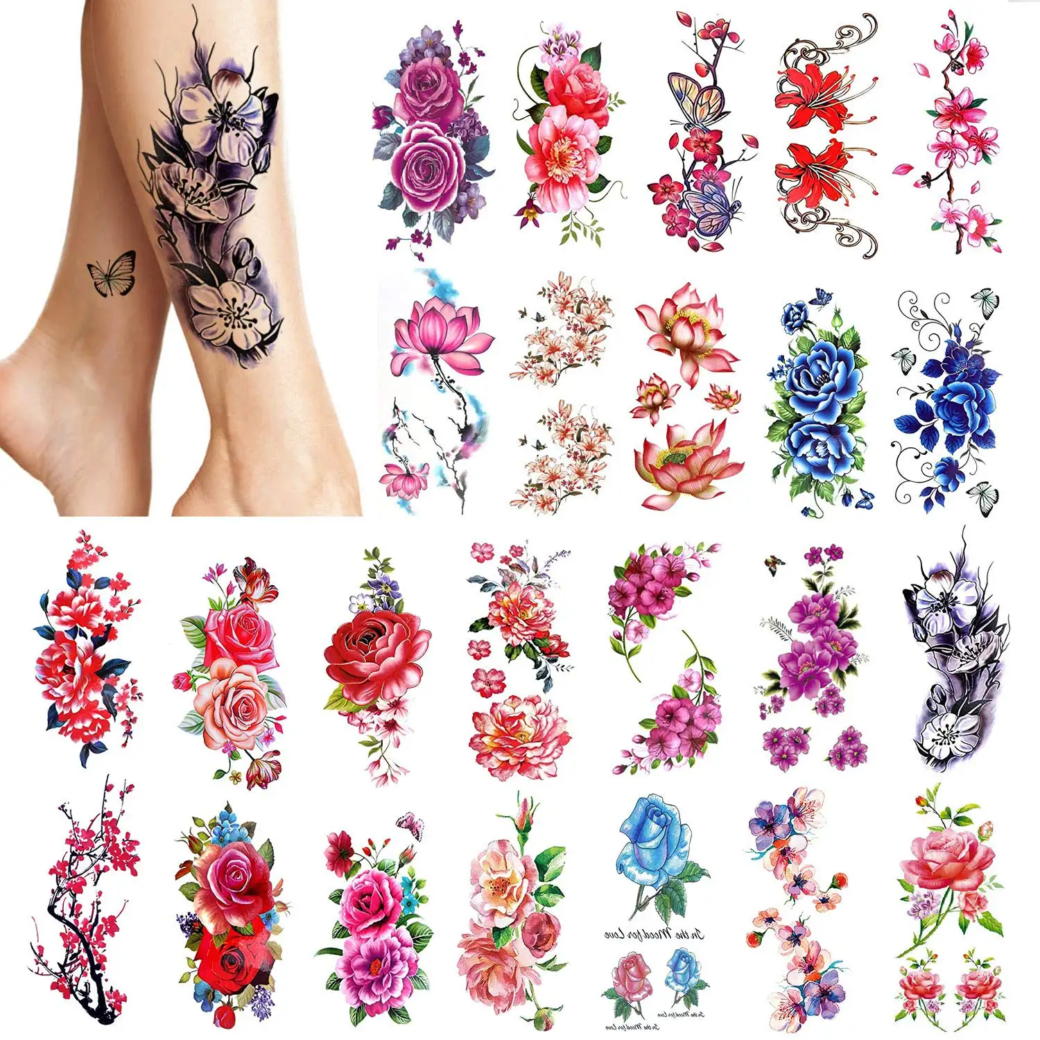 3D цветы Временные татуировки для женщин боди арт рука эскиз татуировки наклейки для женщин и девочек