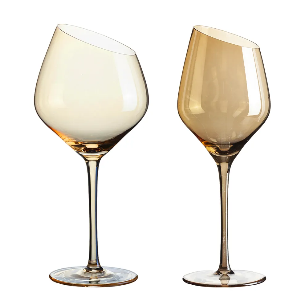Copas de beber transparentes inclinadas de tallo largo, copas de vino tinto oblicuo, vasos de cristal para boda, marca personalizada, venta al por mayor