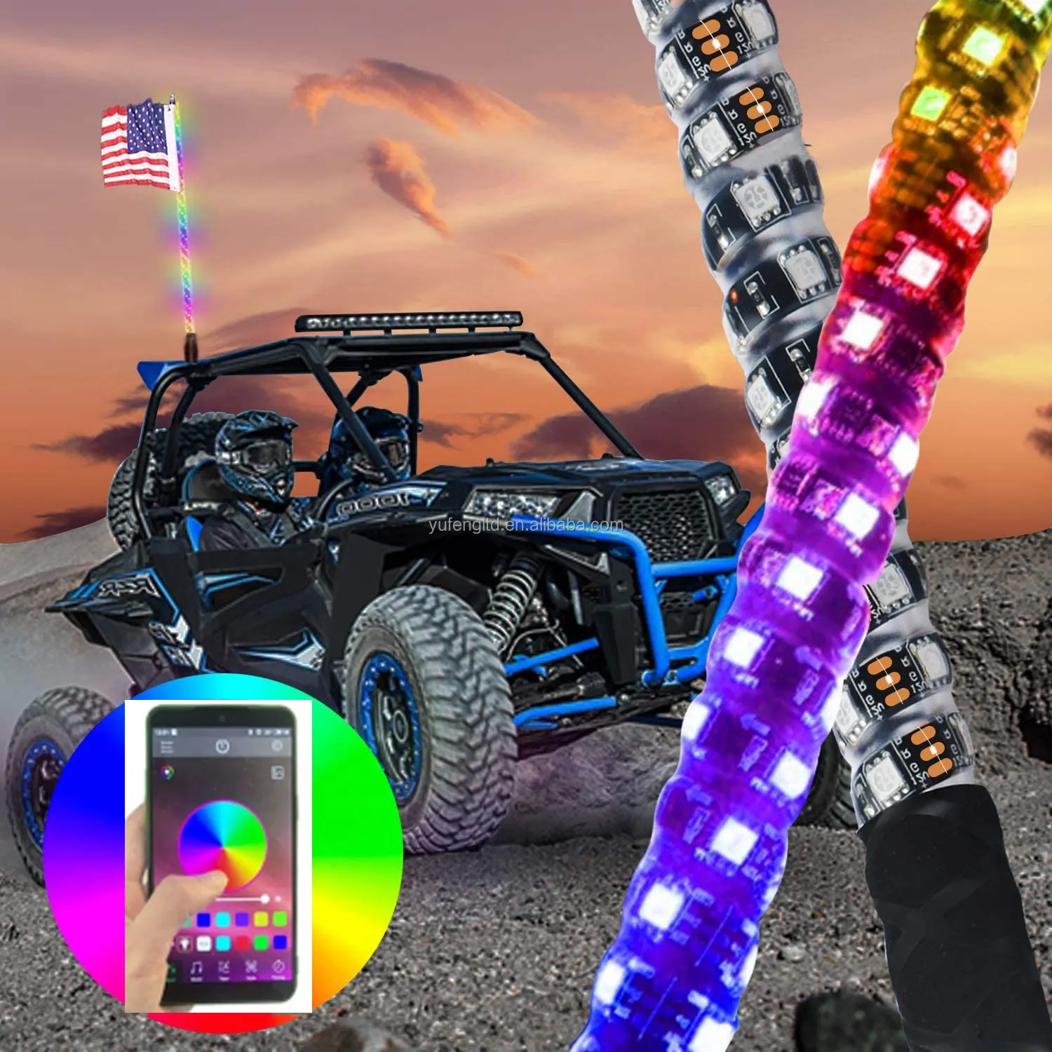 Chất lượng cao 3 4 5 6 feet RGB LED xoắn ốc roi đèn RGB đuổi theo nhiều màu sắc cho xe offroad Jeep ATV UTV xe tải Dune Buggy