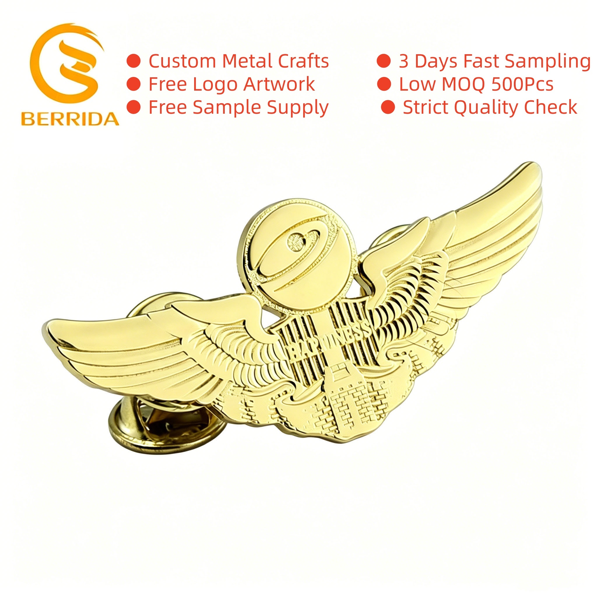 Custom 3D Gold Relief Wing Badges Metal Lapel Pins