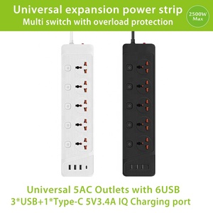 Toma de corriente universal multiinterruptor con protección contra sobrecarga, salidas de 5 vías con USB A y USB C, tira de alimentación móvil portátil