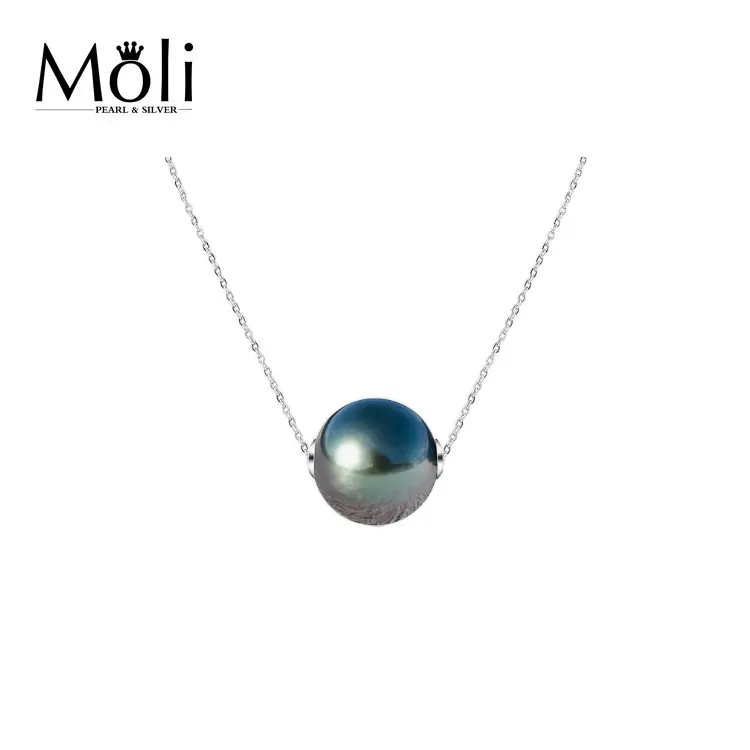 Gran oferta, collar fino, joyería, redondo único, 9-10mm, perlas de Tahití de agua de mar negra Natural