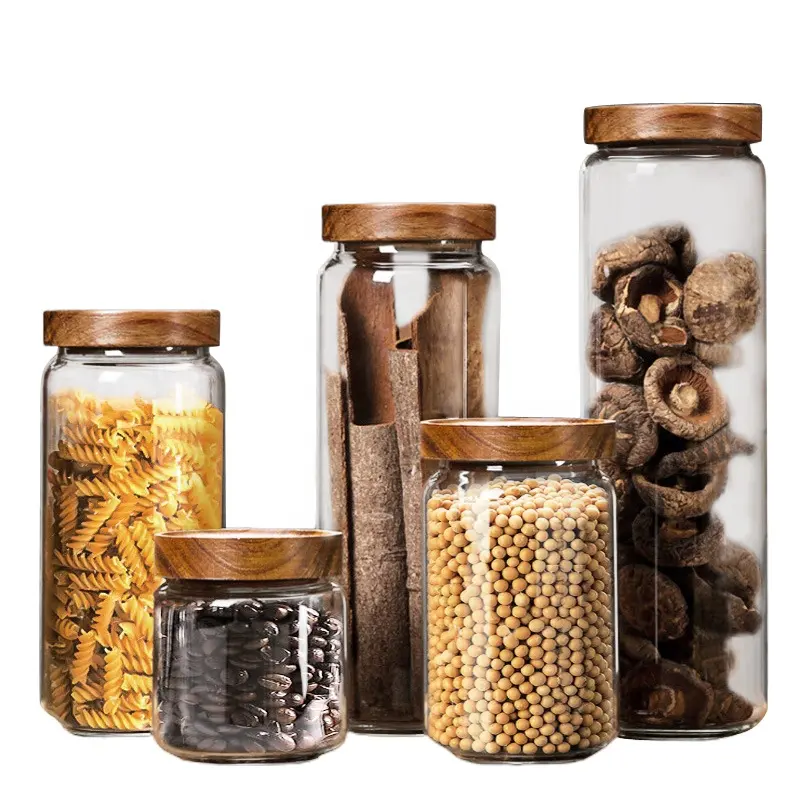 Vendita calda in vetro borosilicato contenitore da cucina contenitori con legno di Acacia coperchio ermetico barattoli di vetro per la conservazione degli alimenti per la cucina