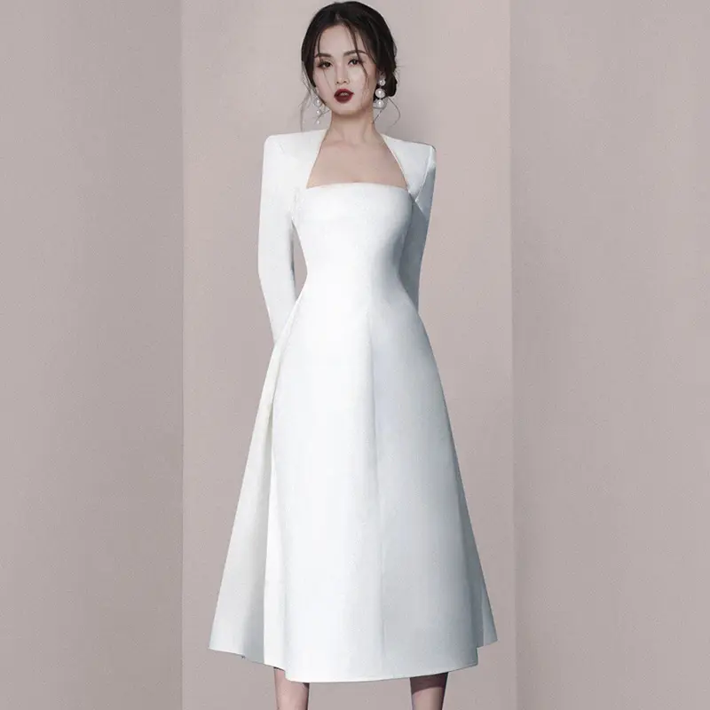 Vintage blanco dama delgada Midi vestidos de las mujeres una línea tejido de manga larga vestidos de fiesta
