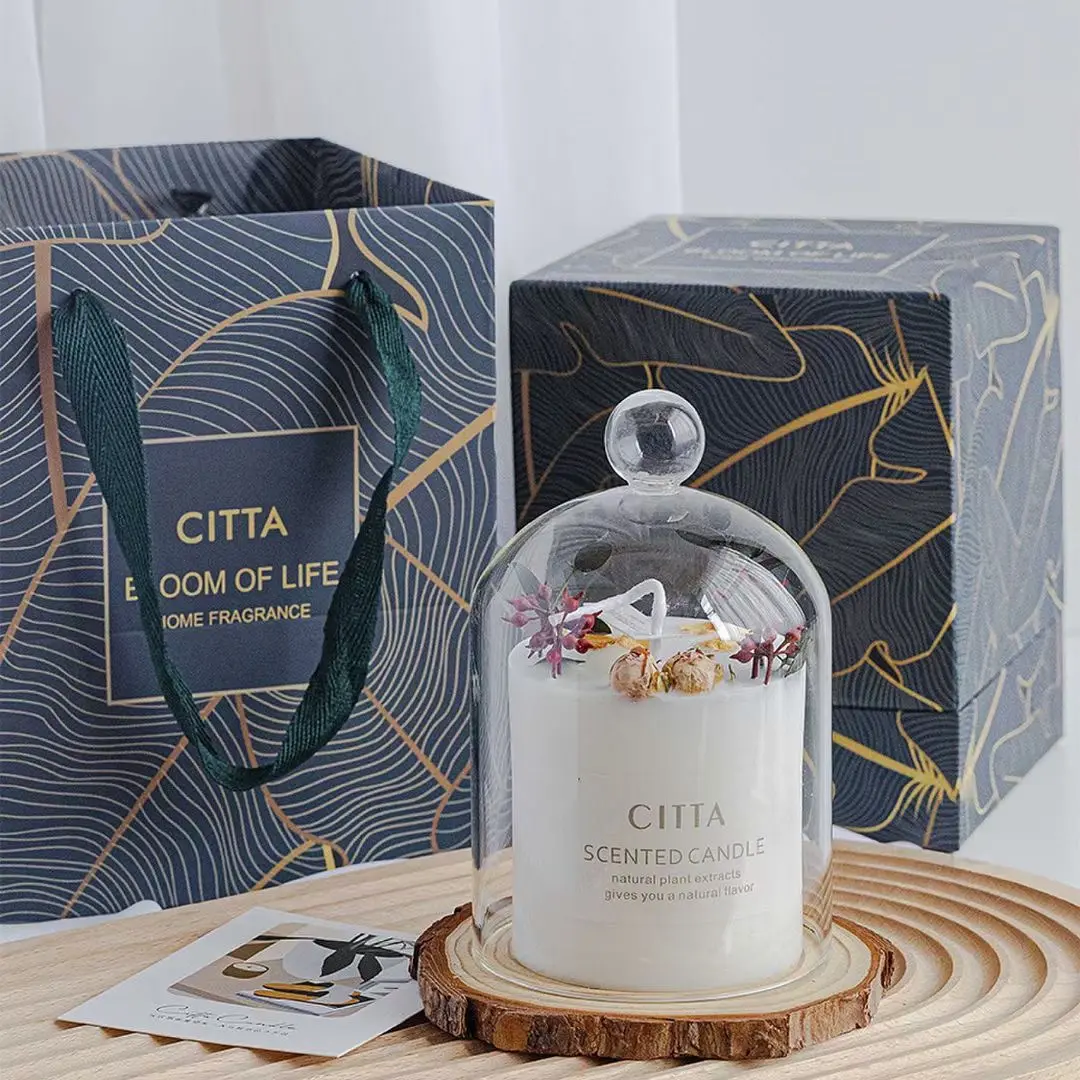 Set regalo di candela di lusso all'ingrosso con logo personalizzato di cera di soia essentiol aroma di profumo di profumo di fiori secchi set di candele