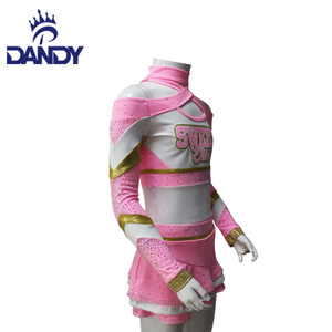 Özelleştirilmiş kızlar isı transferi pembe amigo üniforma yüksek kalite <span class=keywords><strong>Cheer</strong></span> üst ve etekler ile Rhinestone