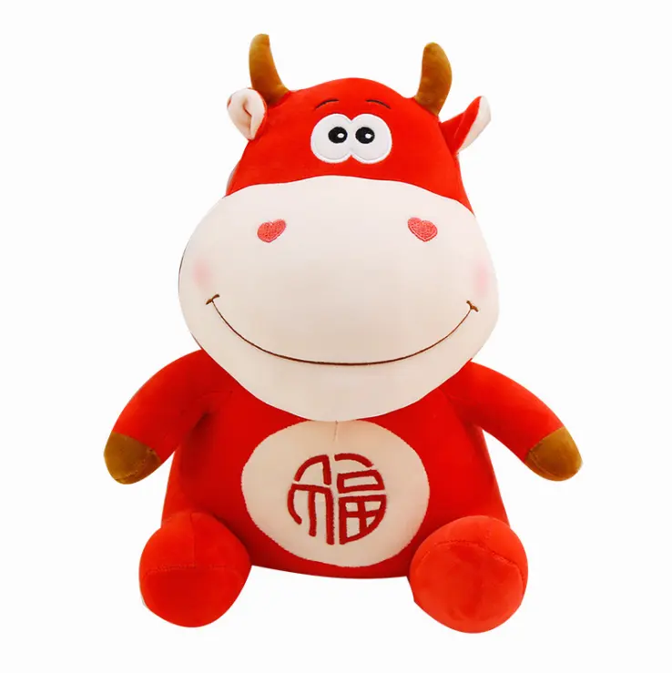 Juguetes de peluche de toro rojo de la suerte, regalo de reunión anual de la compañía china del Zodíaco, vaca, año del Buey, 2022