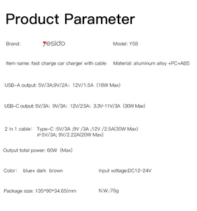 Y58 Yesido 60W Zinc Alloy Car <strong>Charger</strong> with 30W 1.2m Dual Port Fast Charging Spring Data Cable - Product Image 5