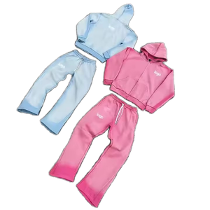 Setelan Jogging kustom Vintage untuk pria, baju olahraga cuci asam Zip-Up dengan Hoodie dan celana panjang menyala kaki lurus - Product Image 5