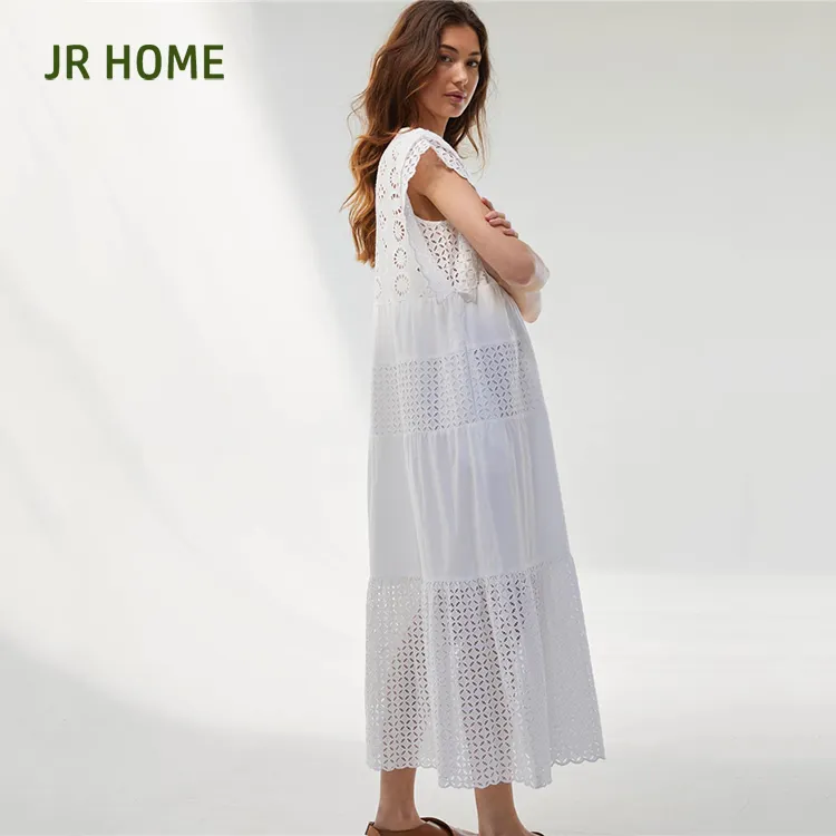 उच्च गुणवत्ता खोखले बाहर सुरुचिपूर्ण सफेद कस्टम आकार सस्ते आकस्मिक महिलाओं लक्जरी पोशाक स्कर्ट मैक्सी कपड़े