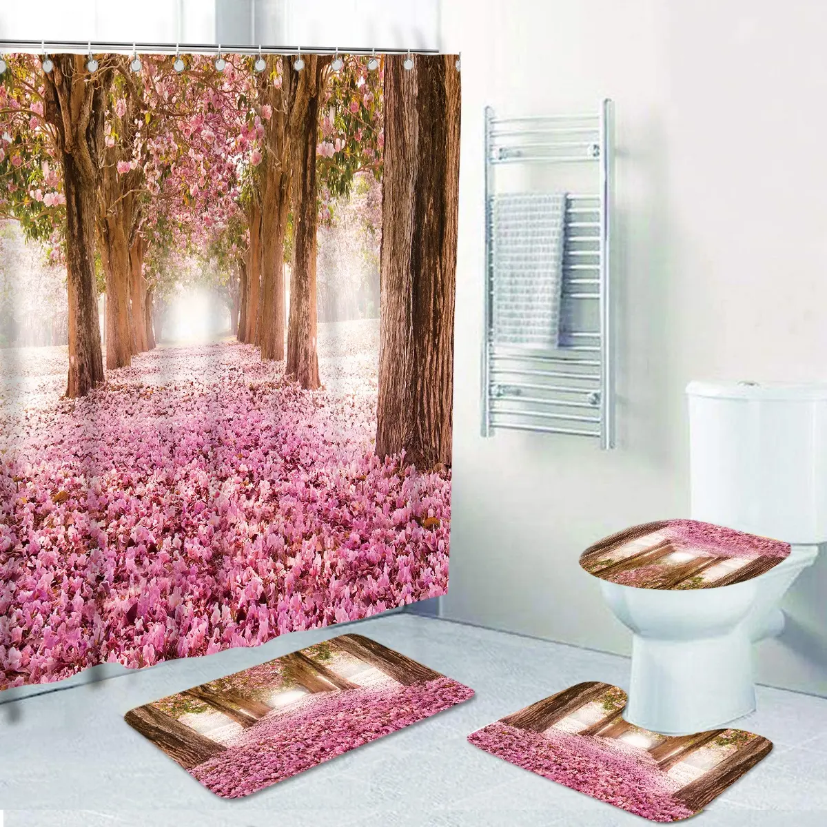 ורוד פרחוני עץ פוליאסטר מקלחת וילון מותאם אישית הדפסת אמבטיה שטיחי שטיח עמיד למים מקלחת וילון אמבטיה מחצלת סט 72x72