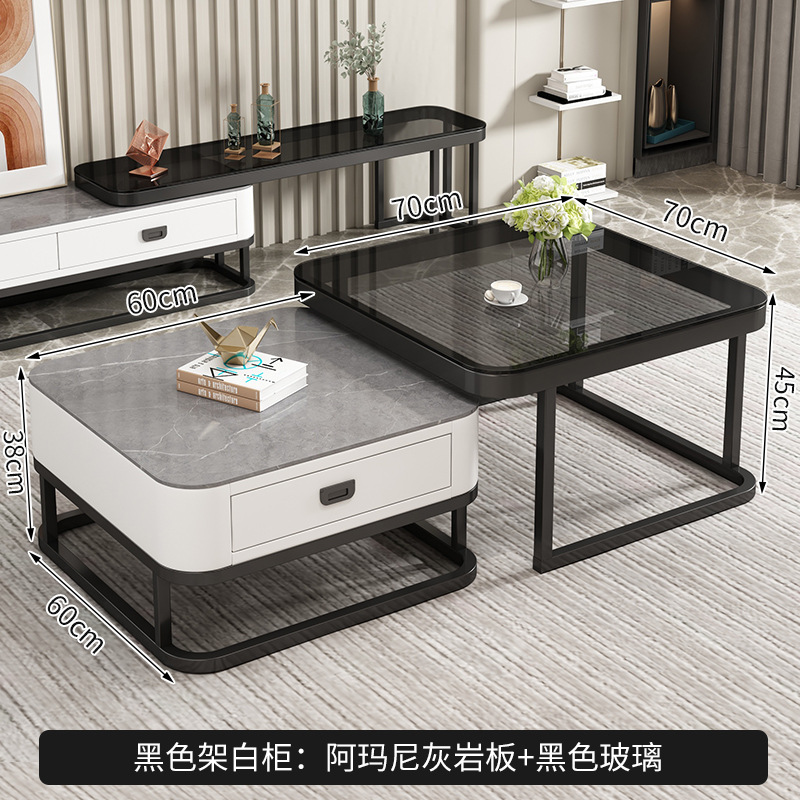 Cadre noir : verre gris, dalle grise, tiroirs blancs