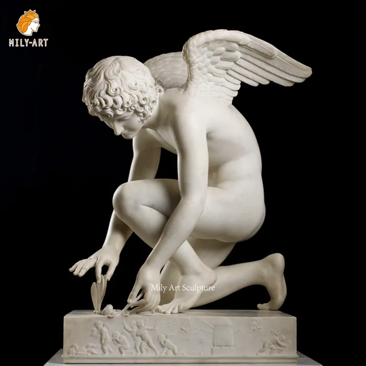 Statua di marmo di cupido e farfalla della scultura di angelo di pietra naturale a grandezza naturale antica