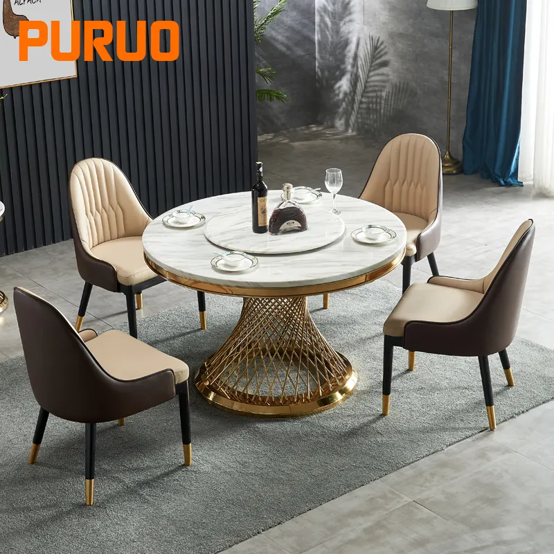 Pfuluo — ensemble de meuble de luxe moderne en acier inoxydable doré pour 8 personnes, forme ronde, socle de table à manger