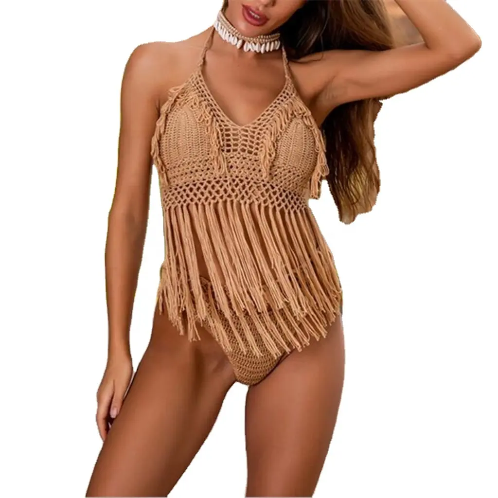 Bestdance Bikini lavorato a maglia all'uncinetto nappe lunghe all'uncinetto Top con frange costumi da bagno Sexy Bikini Top Cover up