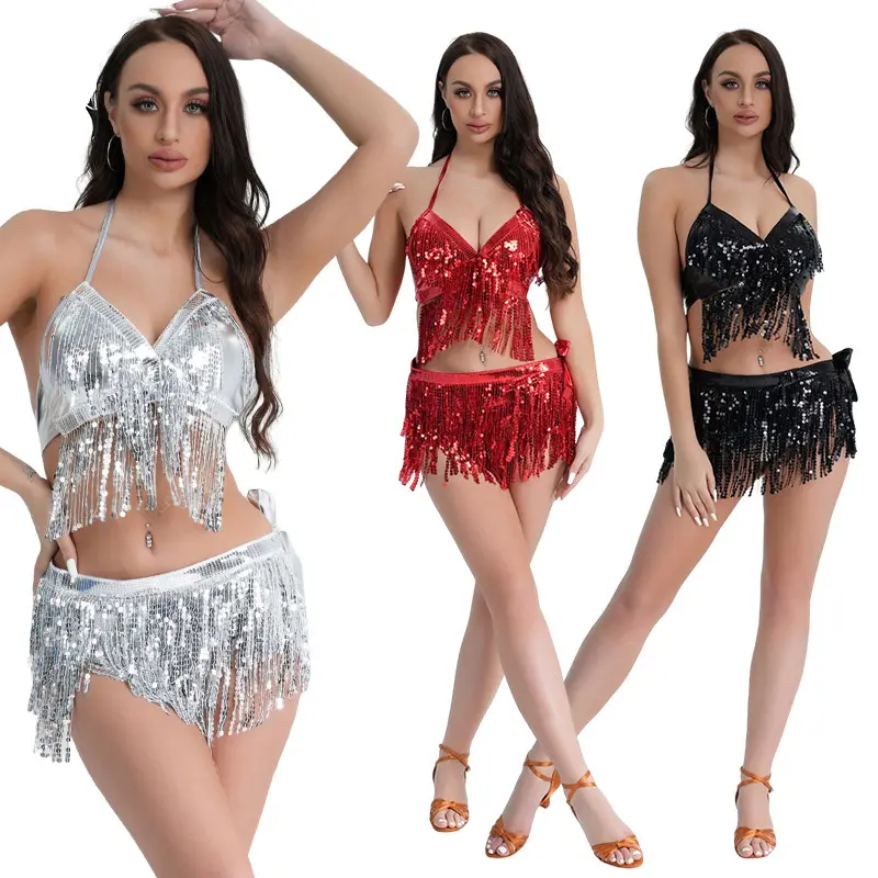 Music Festival Rave Outfits Glitter Sequin Tassel Bra Top Adult Belly Dance Stage Performance Women Carnival Party 2PCS Sets