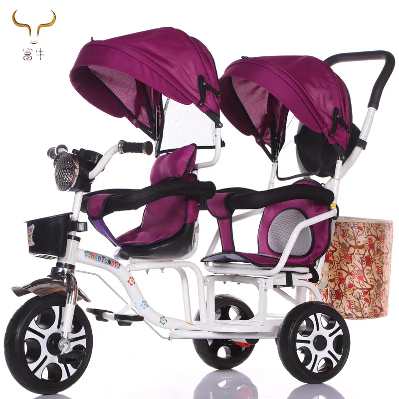 Venda barata duas vezes triciclo/triciclo duplo com puxador punho/6 em 1 dois assentos triciclo para bebê