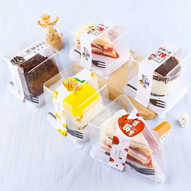 Caixa para bolos triangular com garfo, tampa PET com garfo, Sandwich, Cupcakes, Morangos, Recipientes de sobremesa To Go