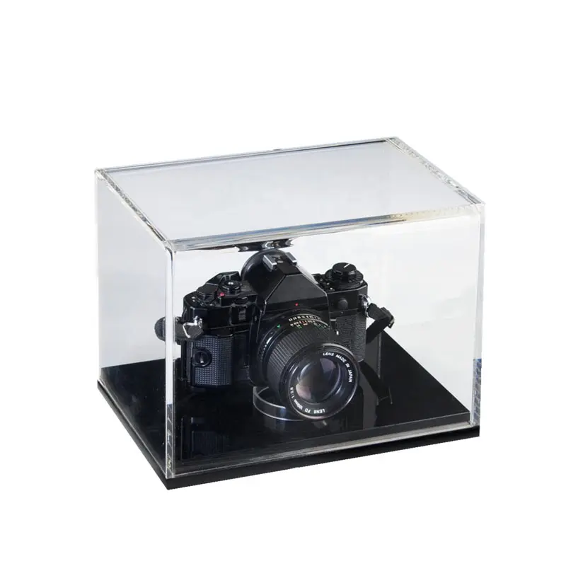 Clear Acrylic Camera Display Cover Protects Collectibles Acrylic Display Box with Black Base Stackable Display Case