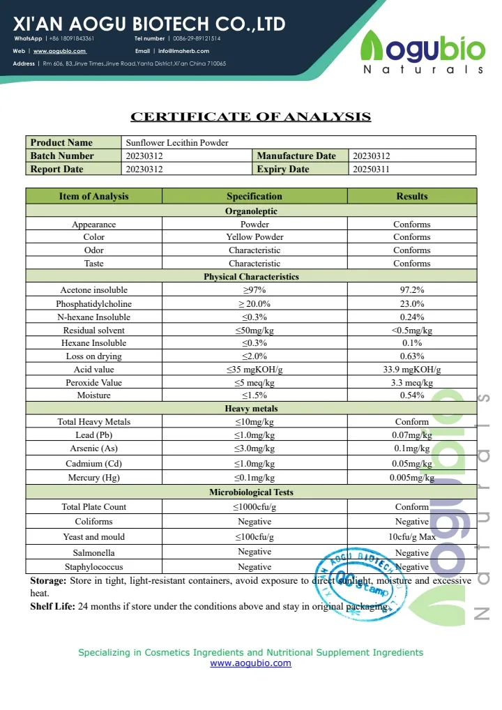 Aogubio Lecitina de girasol con certificación ISO Muestra gratis Lecitina de girasol Orgánica 95% Lecitina de girasol en polvo