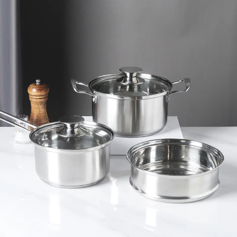 Tampa De Vidro 3pcs Pot Set Aço Inoxidável Cook Ware Sets Utensílios De Cozinha Multi Sopa Potes Com Orelhas Duplas