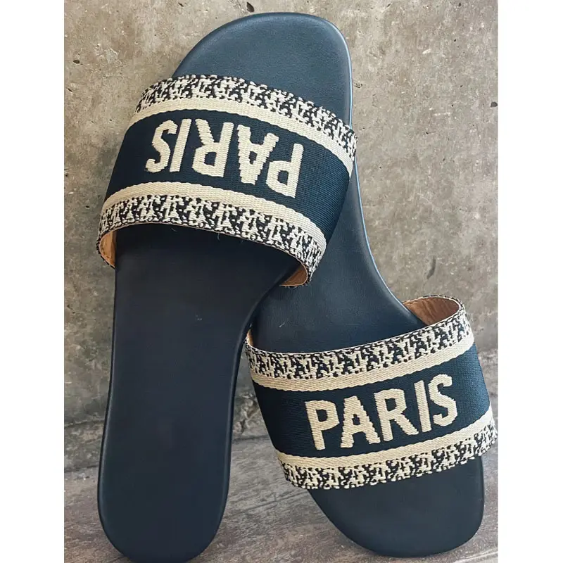 Sandalias de Punta abierta Zapatos planos de verano Sandalias planas de mujer con correa tejida deslizante personalizada Sandalias de verano de París