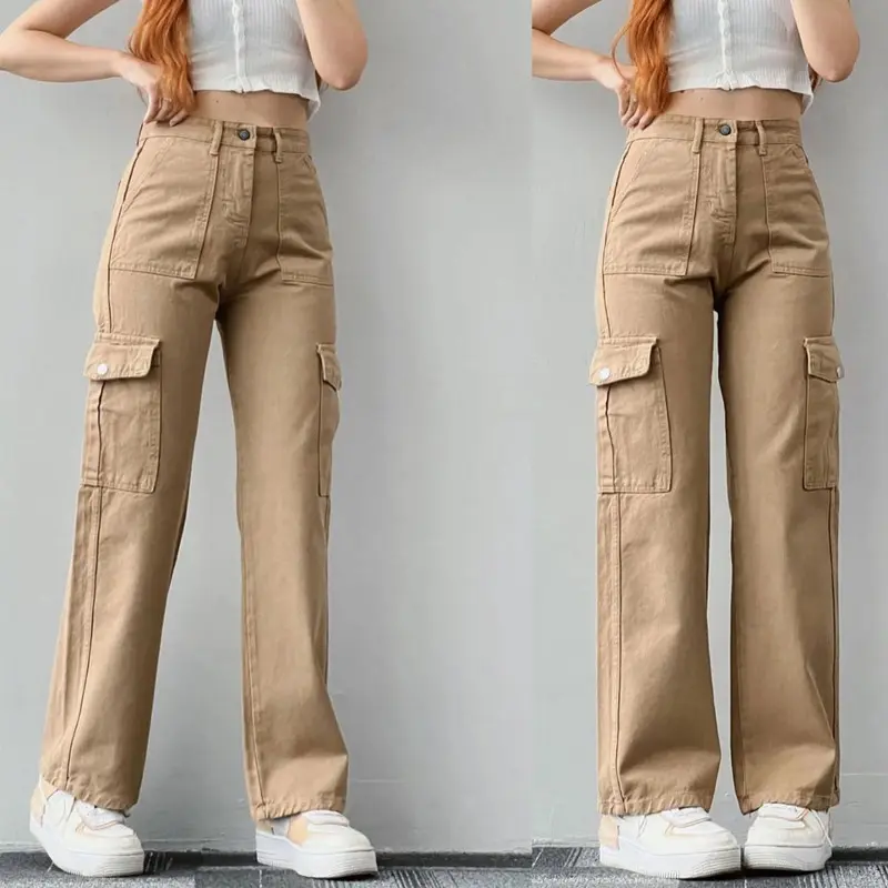 Pantalon Cargo Taille Haute pour Femme Pantalon Décontracté à Jambes Larges Pantalon 6 Poches