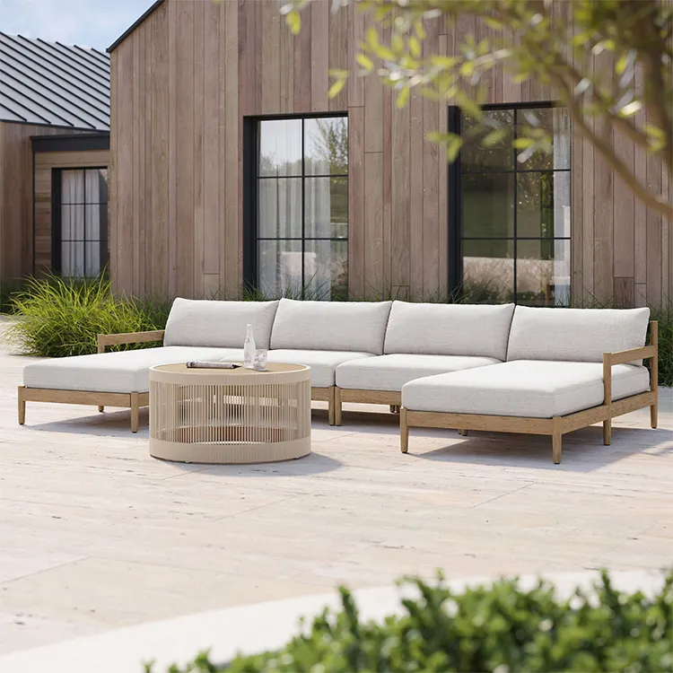 Conjunto de sofá de jardim em madeira maciça de teca de luxo moderno para pátio ao ar livre conjunto de sofá em forma de U seccional
