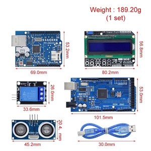 Mega 2560 r3 per arduino kit + HC-SR04 + cavo breadboard + modulo relè + W5100 UNO shield + LCD 1602 schermo tastiera