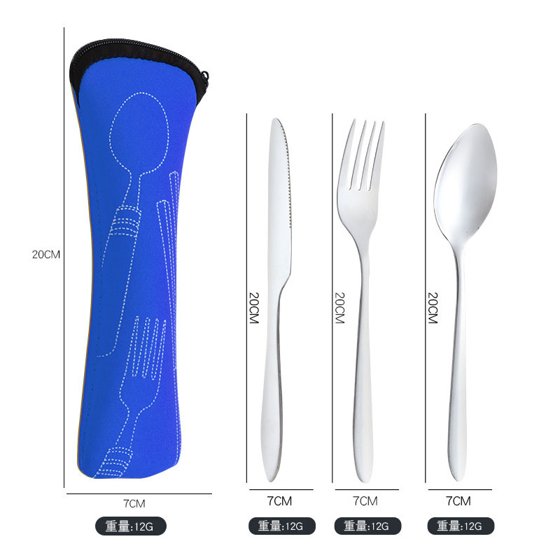 Juego de tres piezas de cuchillo, tenedor y cuchara de cuerpo ligero, azul