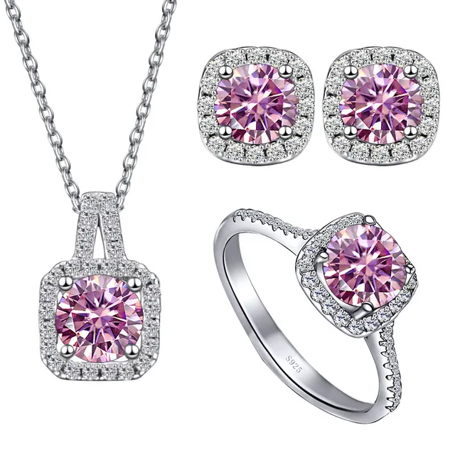 GEMS LADY S925 Sterling Silver Jewelry for Women 1 Carat Moissanite Diamond 3 Pieces Set Necklace Ring Earrings Wedding Party