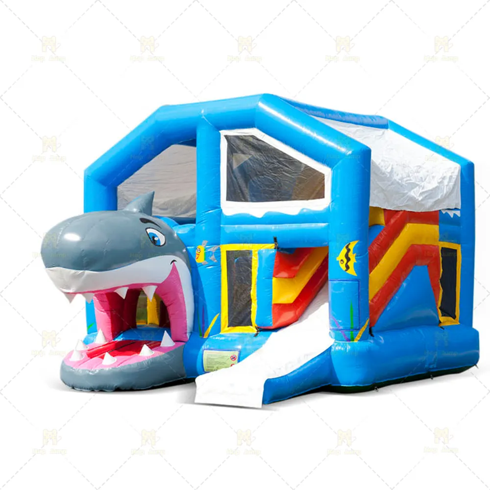 Multi-ply Com Roof Cartoon Inflável Shark Bounce House Jumper Bouncer Jump Bouncy Castle para crianças