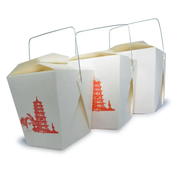 กล่องก๋วยเตี๋ยวกระดาษคราฟท์สีขาวแบบพกพาร้านอาหารจีนกล่องอาหารจานด่วนแบบพกพา