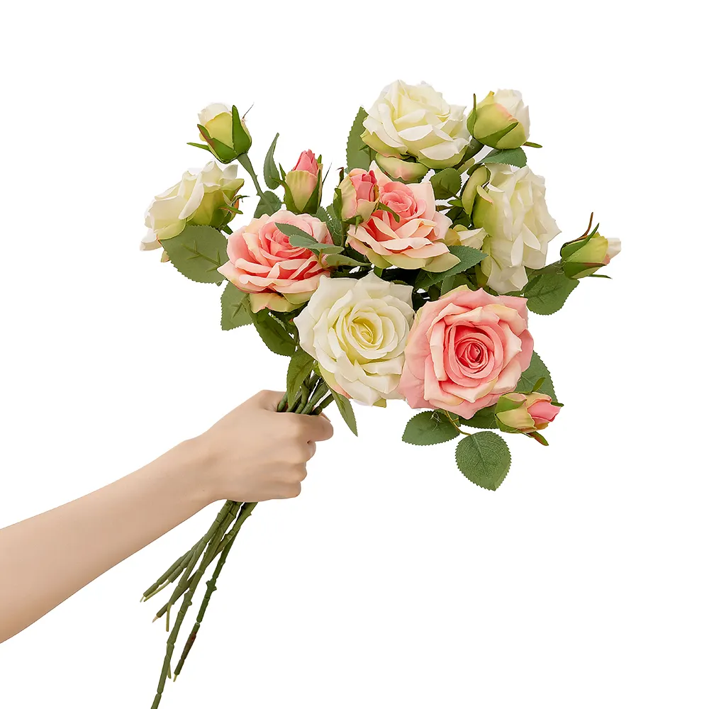 MW31586 Flor Artificial Tecido Rosa com Buds para Casamento Nupcial Buquês Floral Home Office Decor
