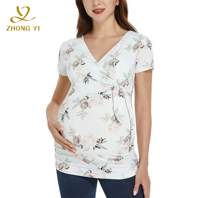 2023 personalizado verano mamá lactancia bebé embarazo camisa suelta diseño lazo cintura detalle manga corta elegante maternidad blusa Tops