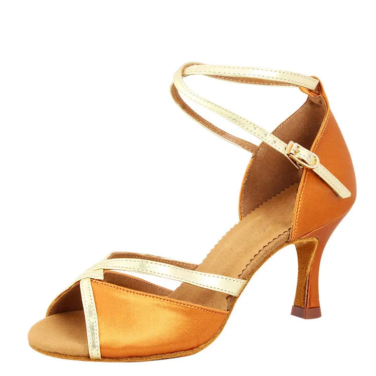 Women low MOQ wide width tan gold color satin evening salsa shoes price