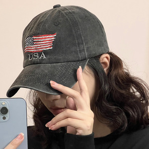 定制水洗织物棒球帽复古牛仔运动棒球帽带美国国旗刺绣可调爱国帽