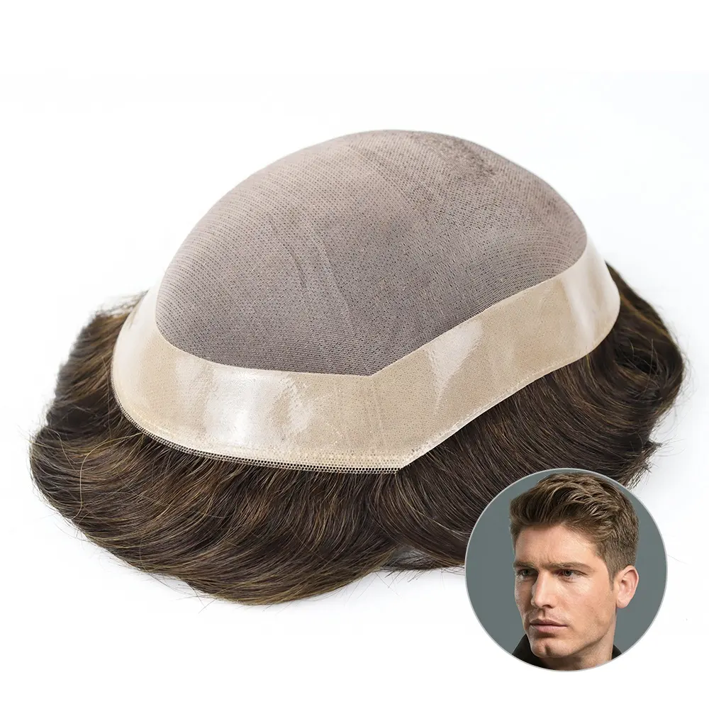 Wholesale Stock fine durable mono base toupee with clear poly skin all around men wig human hair men's toupee mono style