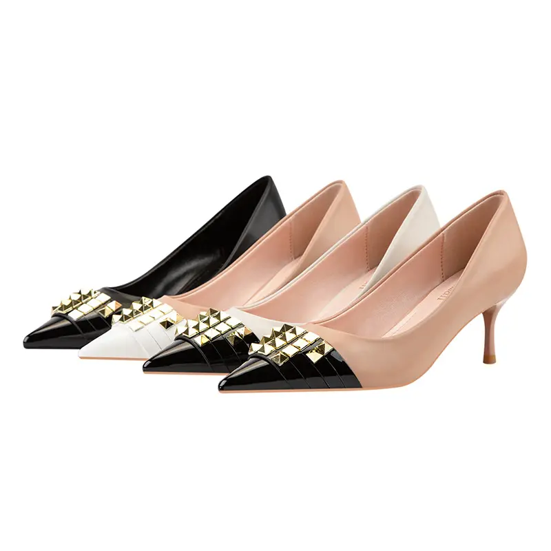 Zapatos de tacón alto ajustados y sexys para mujer, zapatos de tacón fino con remaches puntiagudos y poco profundos, zapatos de tacón con punta abierta sólidos de goma PU para mujer