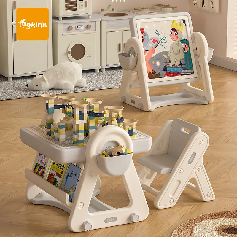 ของขวัญของเล่นตารางบล็อกอาคารเฟอร์นิเจอร์ห้องนอนเด็กชุดอิฐสนุกอเนกประสงค์ตารางเด็กชุดโต๊ะและเก้าอี้ HDPE