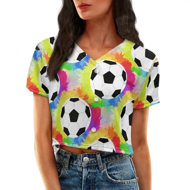 Colorful Soccer Full Printing Women's Crop Tops Baseball Jersey Sublimation Baseball Jersey 2024 Women's Fashion Baseball Jersey
