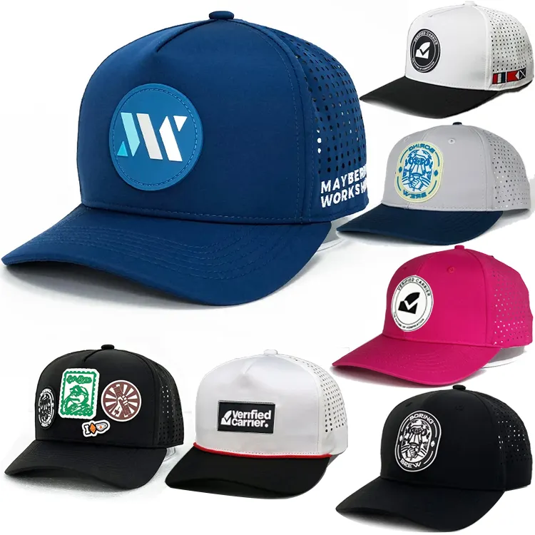 Gorra de Béisbol para Hombre y Mujer, Parche de Goma de 5 Paneles Personalizado con Bordado de Agujeros con Corte Láser, Logotipo de PVC, Sombrero de Camionero