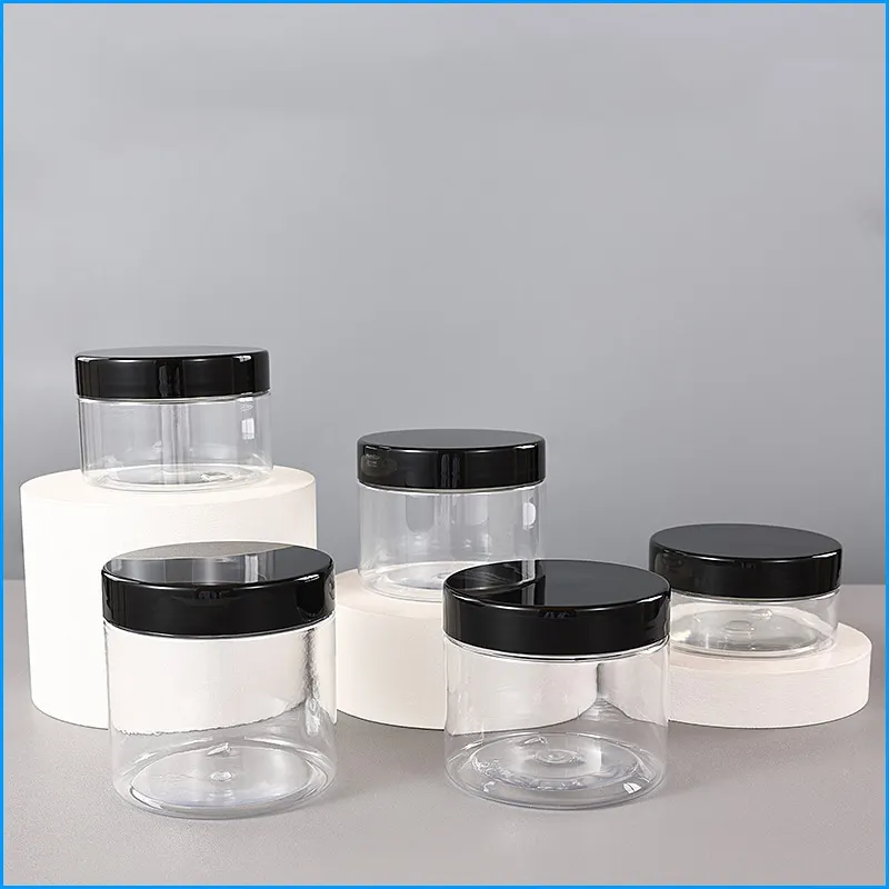 huaxin oem odm clear plastic jars with lids 4 oz black lids clear 50g 100g 150g 200g pet 8 oz plastic cosmetic jars cream set