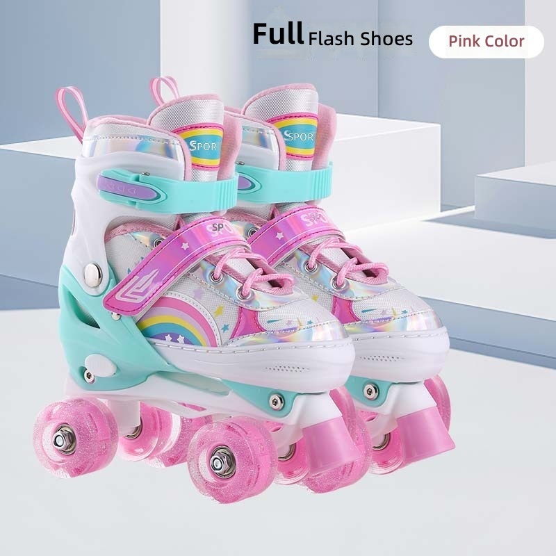 Zapatos individuales brillantes de doble hilera con ruedas de pu, color rosa barbie