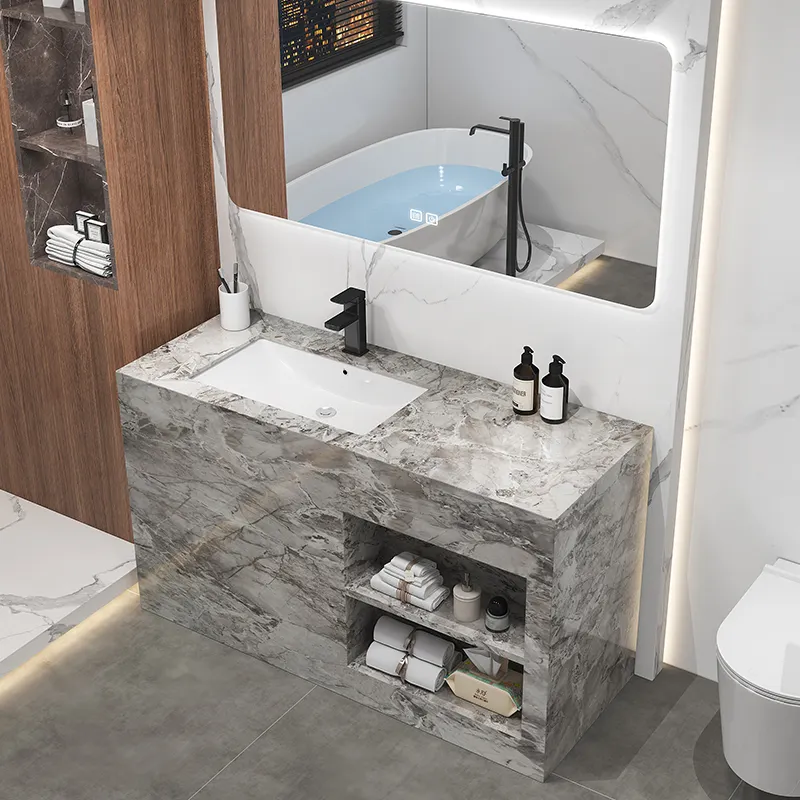 Vendita calda pavimento montato in marmo lavabo Set bagno vanità con specchio Led