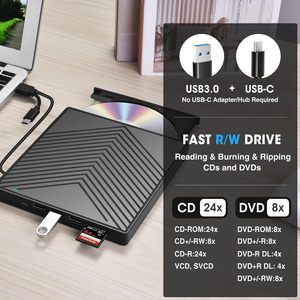 带sd卡读卡器和USB端口的外部光盘 +/-RW驱动器，用于笔记本电脑的USB 3.0 USB-C光盘驱动器刻录机