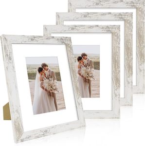 Set of <strong>4</strong> <strong>8x10</strong> Distressed White Wooden Picture <strong>Frames</strong> with Real Glass Customizable Size for Wall or Tabletop for 8 by 10 Photos - Product Image 1