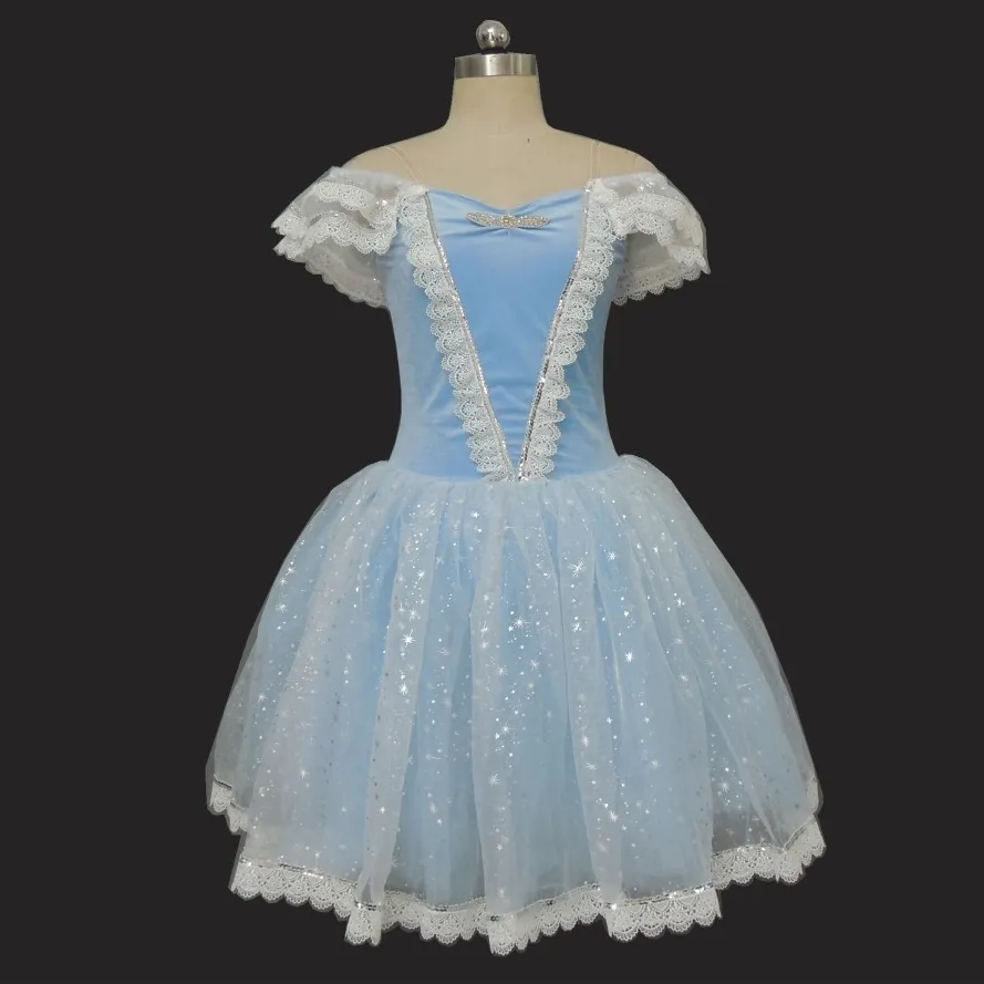 Mädchen tanzen Kostüme Erwachsenen blau Samt Tanz Ballett Tutu Kleid Kinder hellblau Samt Kurzarm Rüschen Ballett langes Kleid